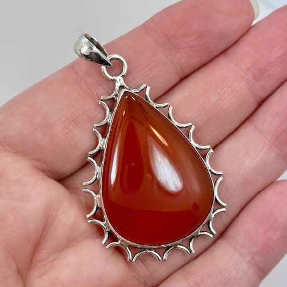 Carnelian Pendant, Sterling Silver, Vintage Pendant, 2" Long, Large Stone, Red - Picture 1 of 5